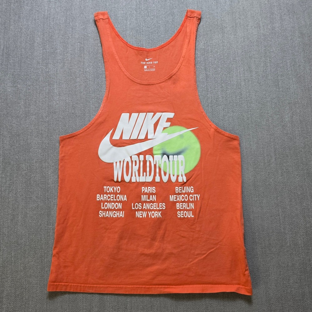 Nike Tank Top Mens Small Orange World Tour Graphic Sleeveless Tee DA0935-891
